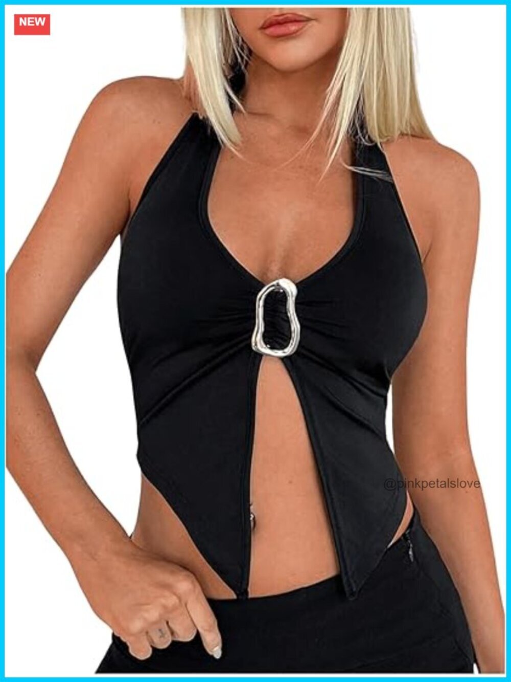 Halter Neck Sleeveless Crop Tank Top with Split Hem Backless Y2K